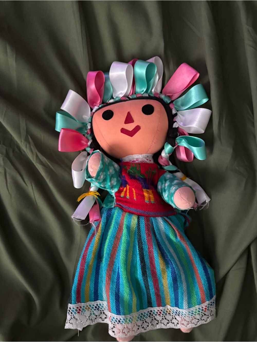 Colorful Ribbon-Hair Cloth Doll in Pink, Teal & White